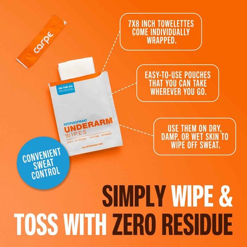 Carpe On-the-Go Antiperspirant Underarm Wipes (Pack of 2 Boxes) for Sweat Blocking, Deodorizing, and Cleansing When You're On the Move - 30 Residue Free, Individually Wrapped Wipes