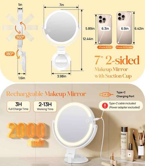 Gospire 7” Wall Mounted Makeup Mirror with Powerful Suction Cup, Double Sided 1X/10X Magnification, 3 Color Lights and Adjustable Brightness, 2000mAh Rechargeable Battery, Shaving for Men - White