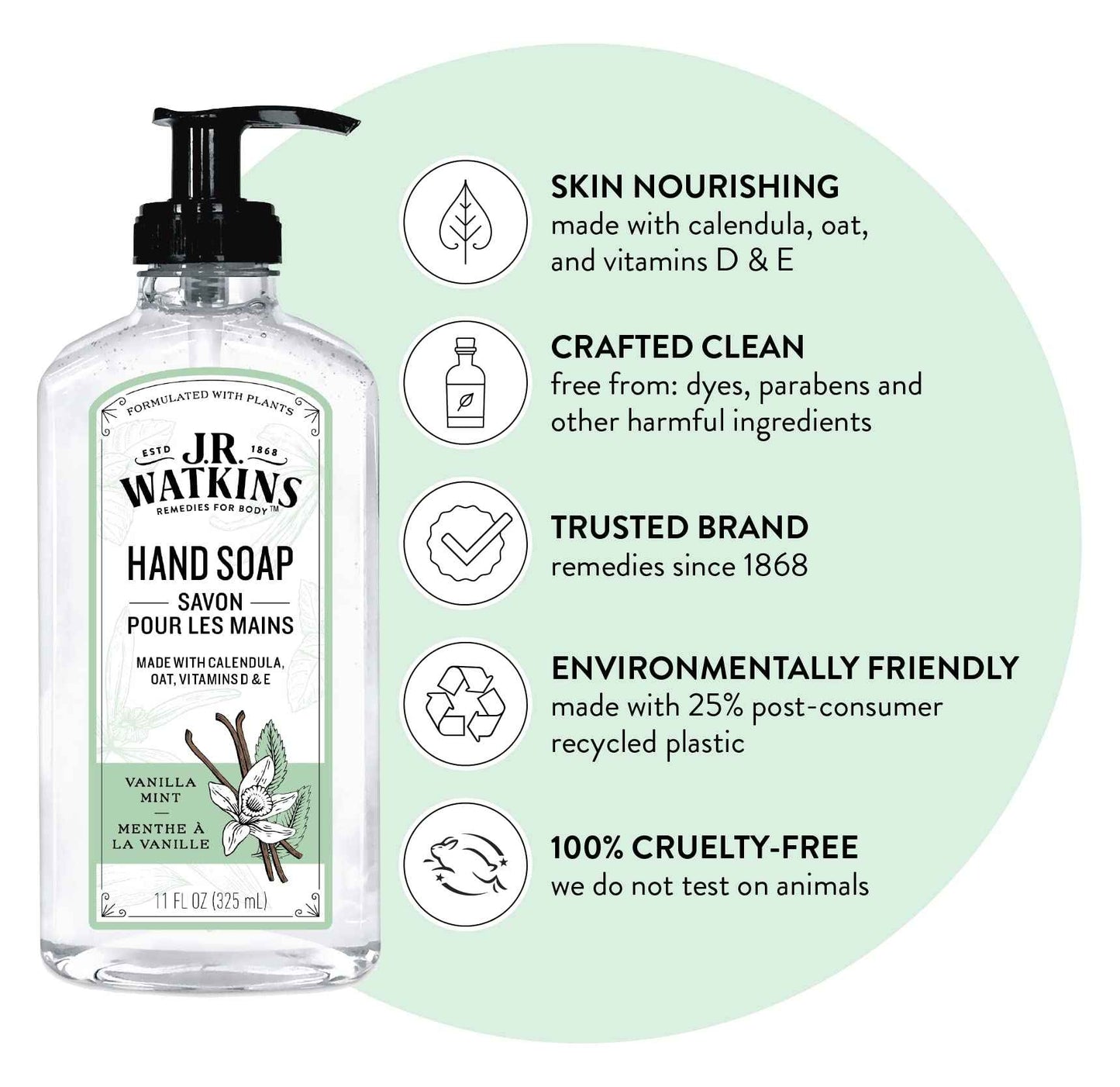 J.R. Watkins Gel Hand Soap, Scented Liquid Hand Wash for Bathroom or Kitchen, USA Made and Cruelty Free, 11 fl oz, Vanilla Mint, 6 Pack