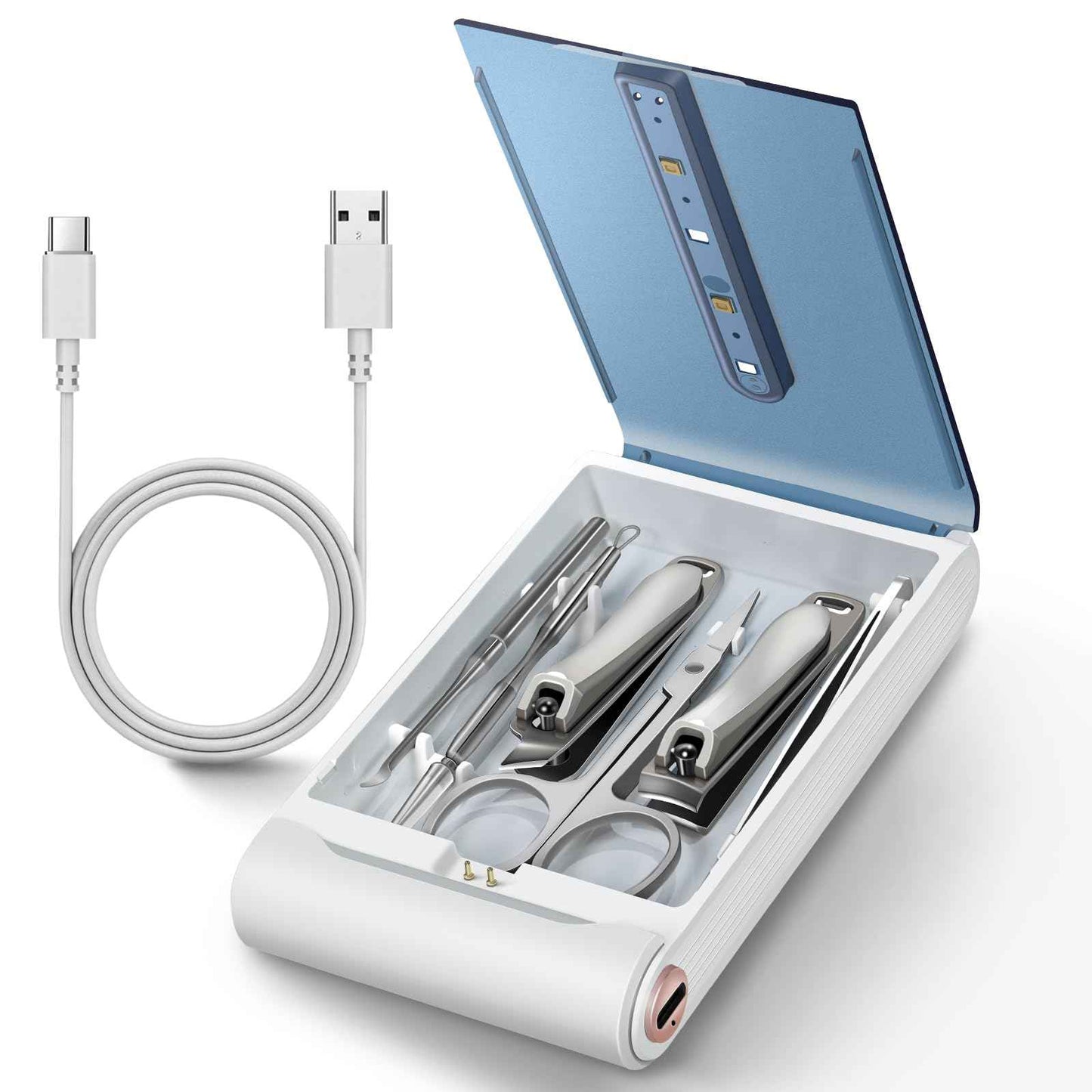 Nail Clipper Set with Disinfection Rechargeable Storage Box 6Pcs Manicure Pedicure Kit Stainless Steel Nail Grooming Tools Fingernail and Toenail Clipper Cutters Perfect Gifts for All Genders