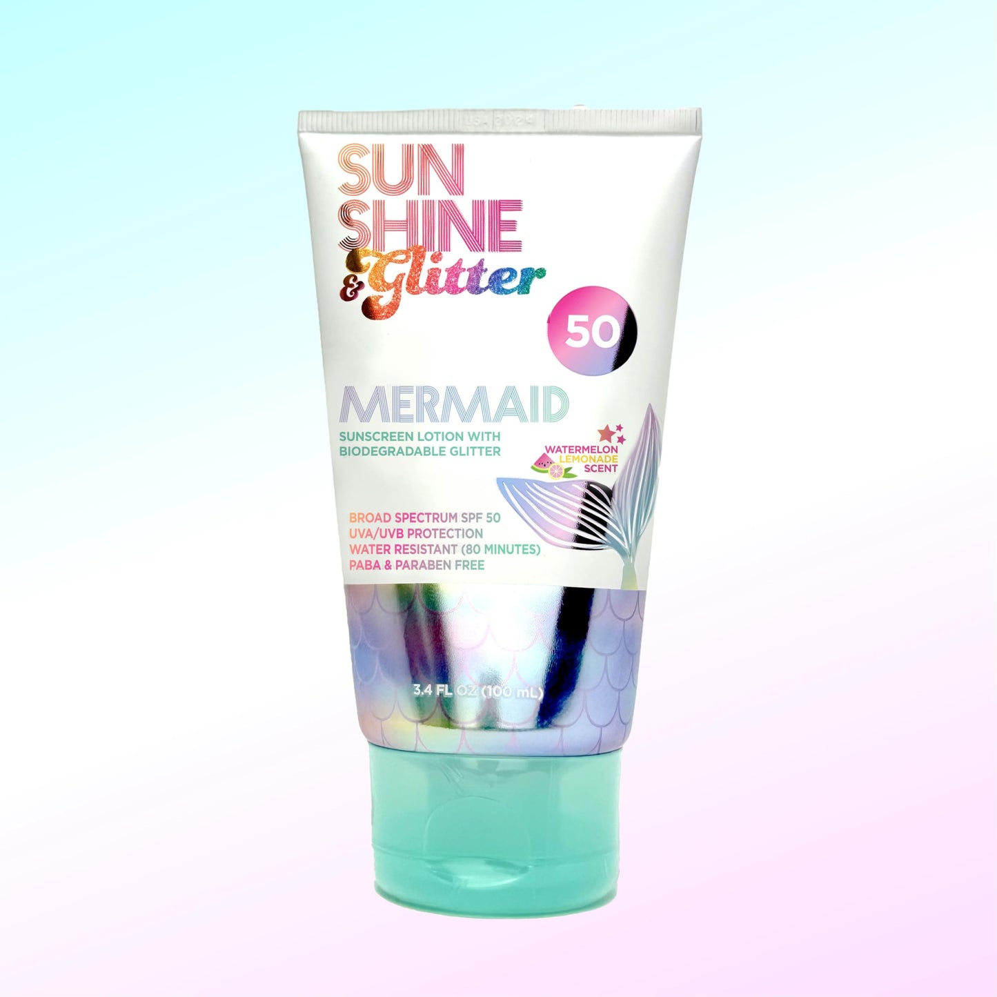 NEW! SUNSHINE & Glitter- Seastar Sparkle - Mermaid Watermelon Lemonade Scented Sunscreen lotion - SPF 50 - Biodegradable Glitter Sunscreen, Water Resistant, Cruelty Free, Kid Safe, Made in USA, 3.4oz