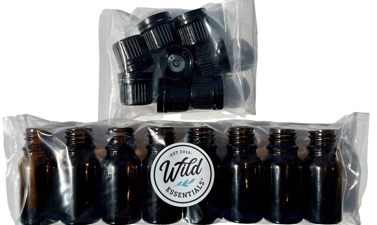 Wild Essentials 10ml Amber Glass Bottles with Euro Dropper Caps - Great for Essential Oils, Perfumes and DIY Aromatherapy - Easy to Fill, Clean and Reuse - Protective and Durable (8)