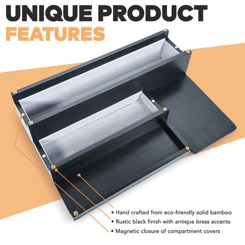 Manzano Essentials Cologne Organizer for Men, Bamboo Wood 4 Tier Display Stand with 2 Hidden Compartments, Perfume, Vanity, Dresser, EDC Organizer, Rustic Black