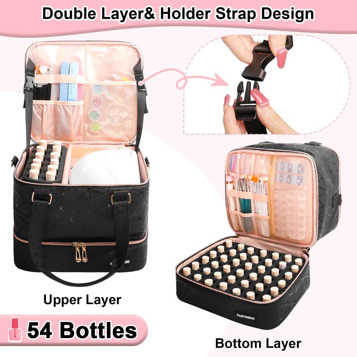 Partreko Large Nail Polish Organizer Fits 54 Bottles (15ml-0.5 fl.oz)& Nail Lamp, Double Layer Nail Supplies Organizer Bag with Holder Strip, PU Leather Nail Kit Storage Travel Case for Women (Black)
