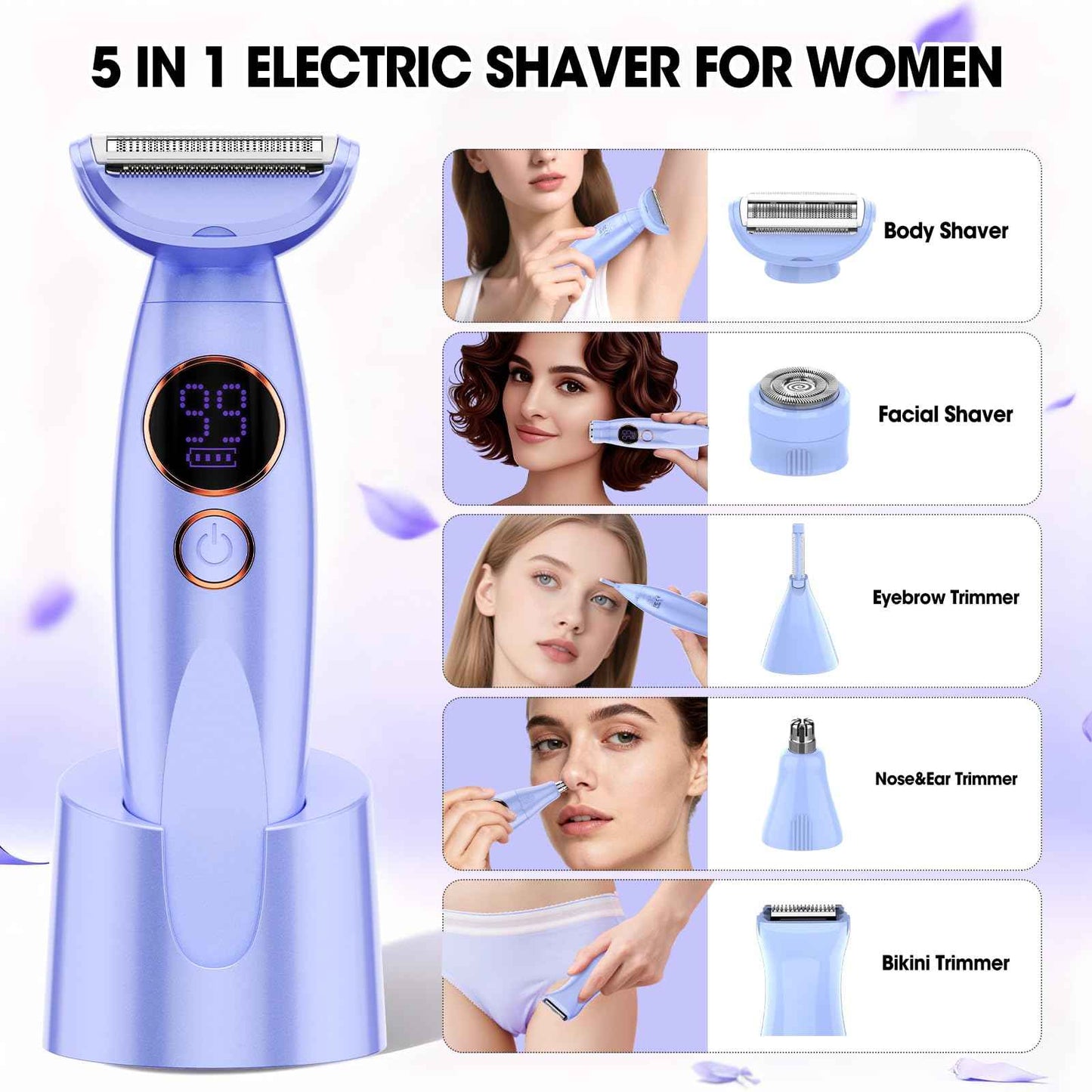 5 in 1 Bikini Trimmer for Women,IPX7 Waterproof Cordless Replaceable Pubic,Eyebrow,Facial Electric Razors&Nose Hair Trimmer&Painless Body Shaver for Arms Legs Underarms,USB Charge,LED Display,Wet&Dry