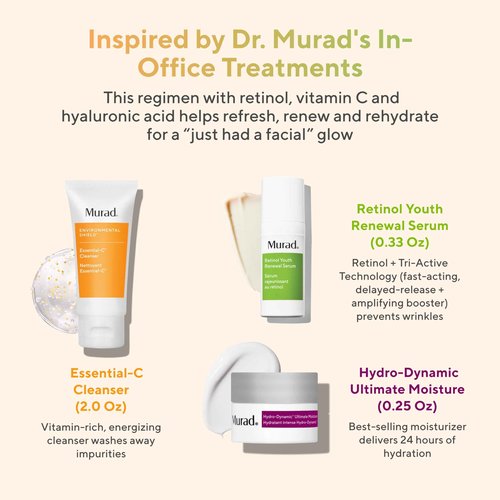 Murad Top 3 Derm-Recommended Actives - 3-Piece Trial Kit ($61 Value) - Daily Skincare Regimen - Ess-C Cleanser 2Fl Oz, Retinol Serum 0.33Fl Oz, Hydro Dynamic Moisturizer 0.25Fl Oz