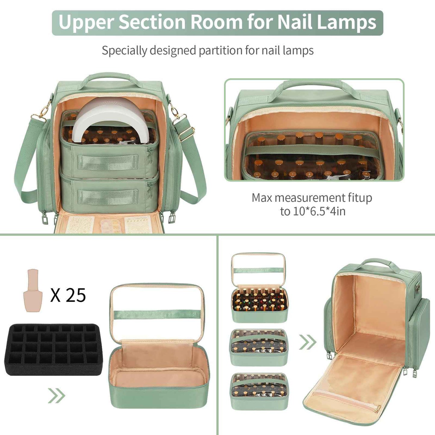 OCHEAL Nail Polish Organizer, Holds Nail Lamp and 75+ Bottles, Nail Organizers and Storage Holder Case with 3 Individual Bags Fit Manicure Tools Manicurist Travel Carrying kit -Green