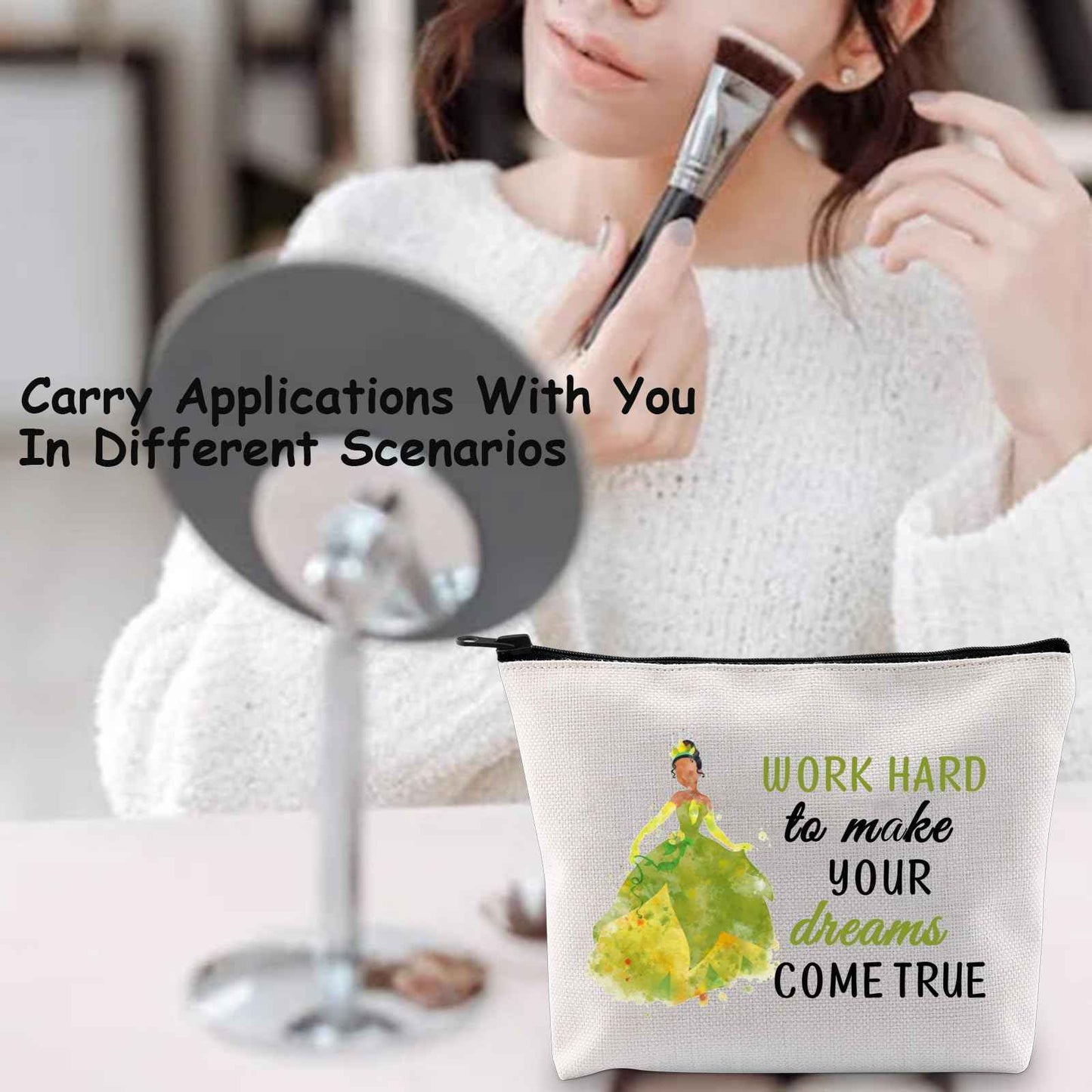 TSOTMO Tiana Gift Princess Gifts Cartoon Movie Merchandise Gift For Movie Fans Movie Quotes Inspirational Makeup Bag For Women Girls (WORK HARD)