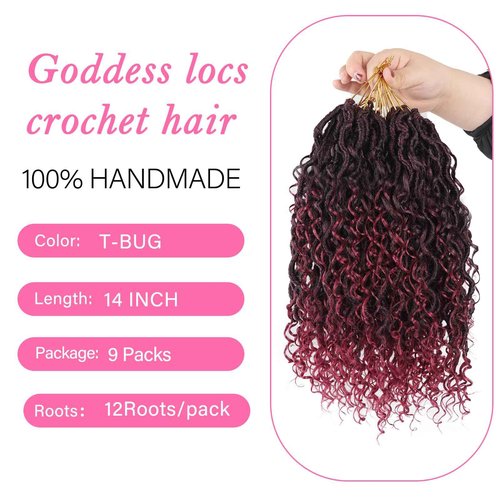 Sosihua Goddess locs crochet hair, 9 packs soft boho faux locs with curly ends bohemian crochet dreads for black women(14Inch,#Tbug)