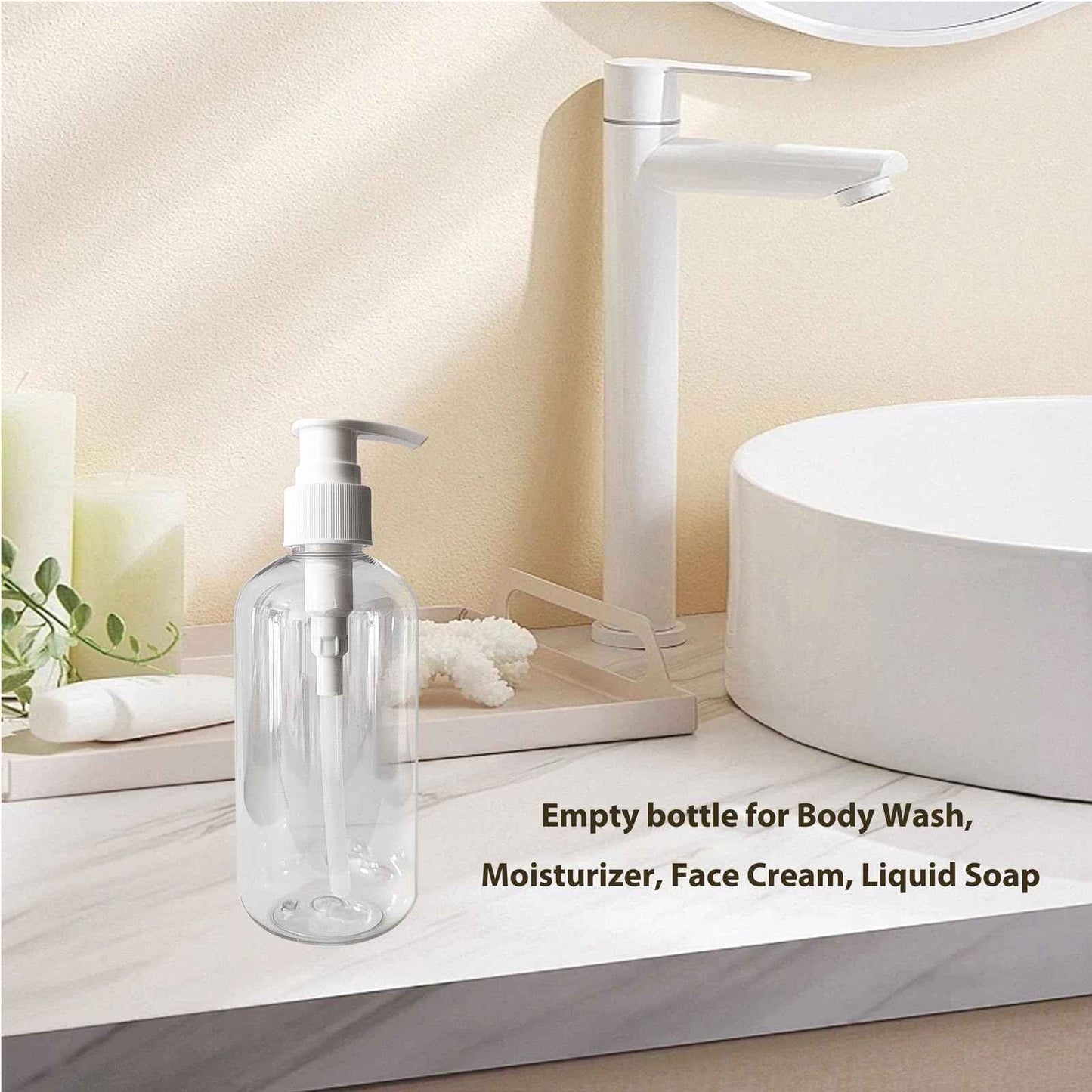 Empty Plastic Bottles with Pump Dispenser, 8 oz, Clear/White, 2 Pack, Refillable Containers for Body Wash, Moisturizer, Face Cream, Liquid Soap