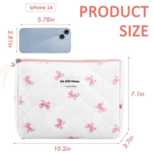 ZLFSRQ Cotton Quilted Makeup Bag for Women Cute Large White Bow Cosmetic Bag Coquette Preppy Zipper Puffy Makeup Pouch for Purse Portable Travel Toiletry Bags Cloth Storage Organizer Skincare Bags