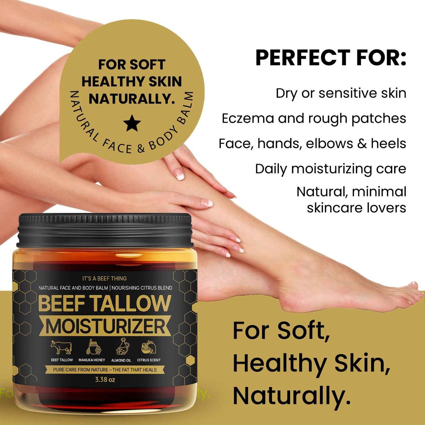 Beef Tallow for Skin – Face & Body Balm to Strengthen Skin Barrier, Hydrating & Soothing with Grass-Fed Beef Tallow, Manuka Honey, Almond Oil & Light Citrus Scent (3.38oz)