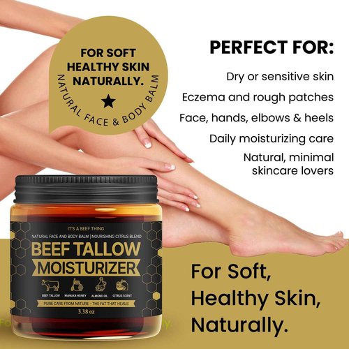 Beef Tallow for Skin – Face & Body Balm to Strengthen Skin Barrier, Hydrating & Soothing with Grass-Fed Beef Tallow, Manuka Honey, Almond Oil & Light Citrus Scent (3.38oz)