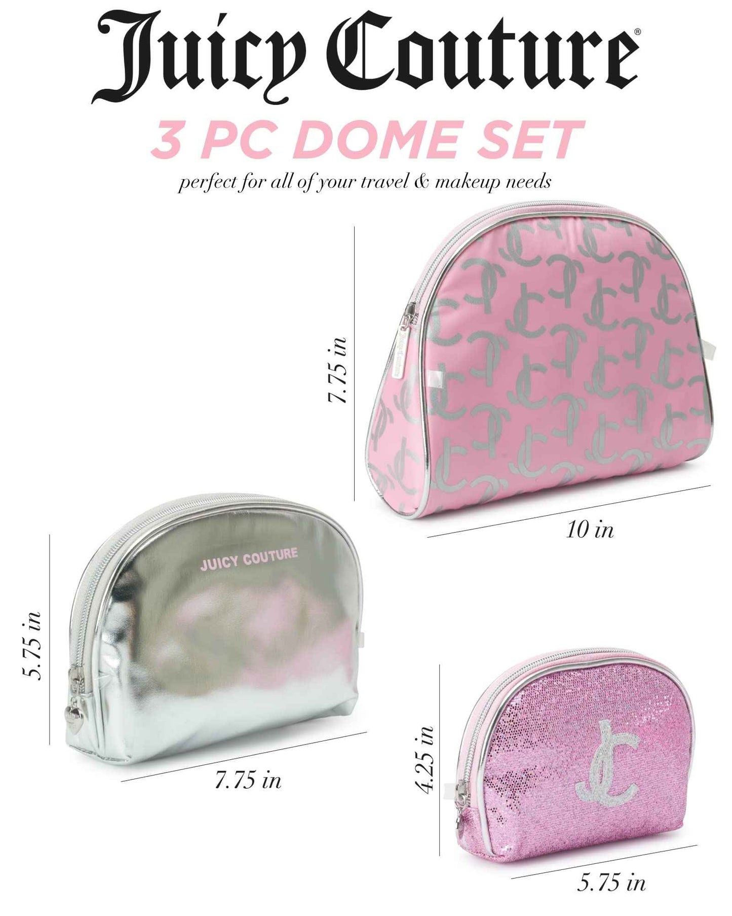 Juicy Couture Silver Pink Makeup Bag Cosmetics Organizer Travel Essentials Clutch Coin Purse Three Piece Set Shiny Glitter