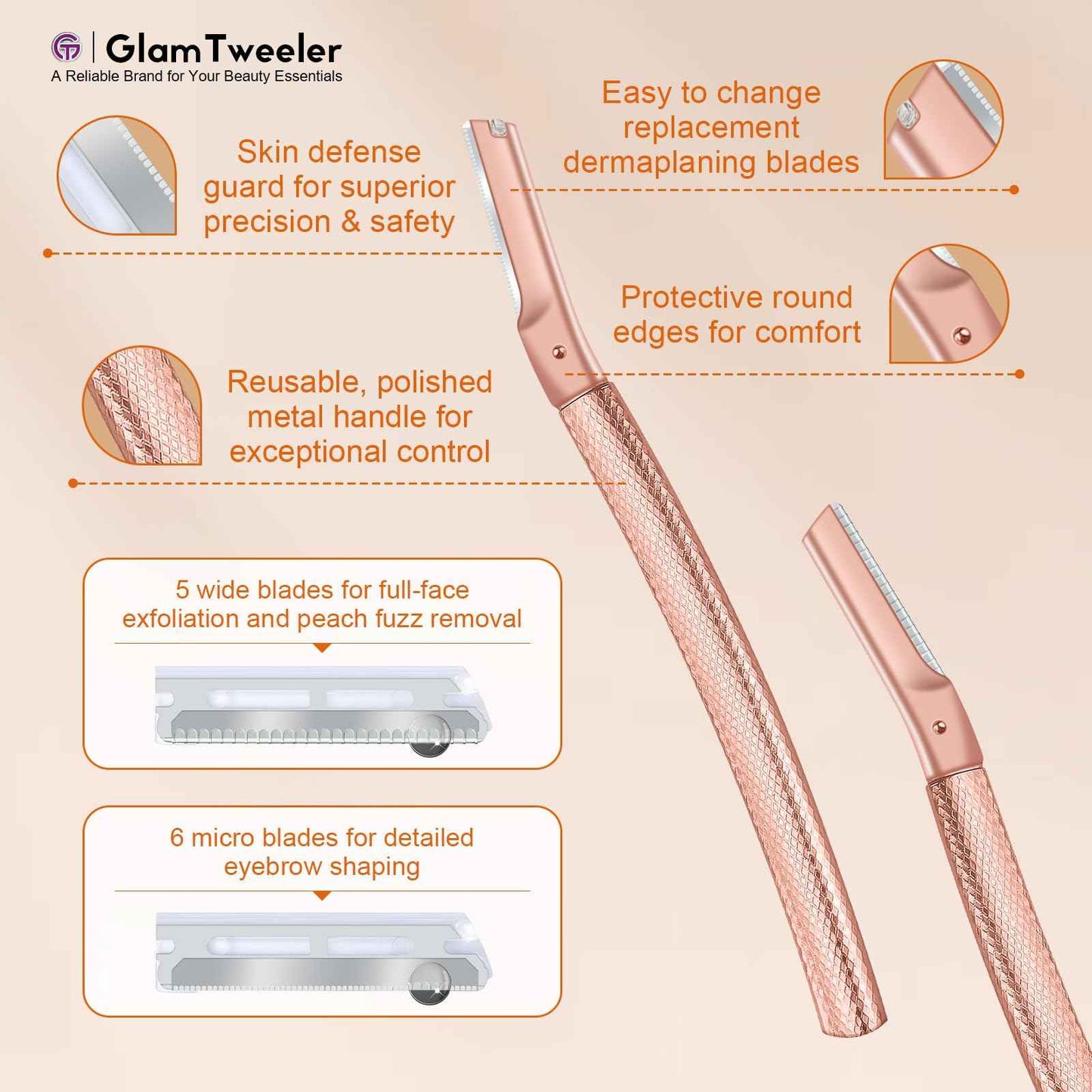 Women's Dermaplane Face & Eyebrow Razor Kit with GlamTweeler Slant Tweezers, Spoolie Brush, and Luxury Leather Storage & Travel Case + 10 Refill Blades (Rose Gold)