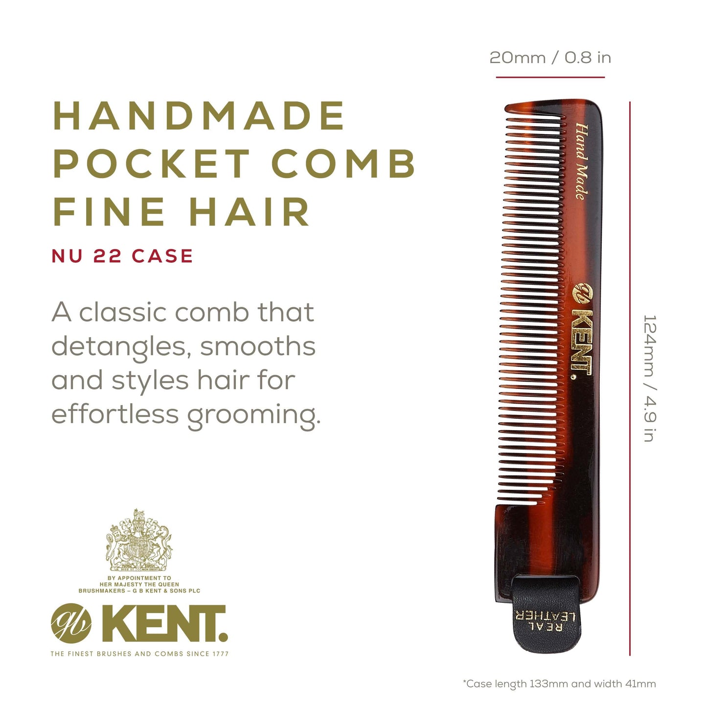 Kent NU22 Handmade All Fine Tooth Pocket Comb for Men, Women and Kids, Hair Comb Straightener for Everyday Grooming Styling Hair, Beard and Mustache, Saw Cut and Hand Polished, Made in England
