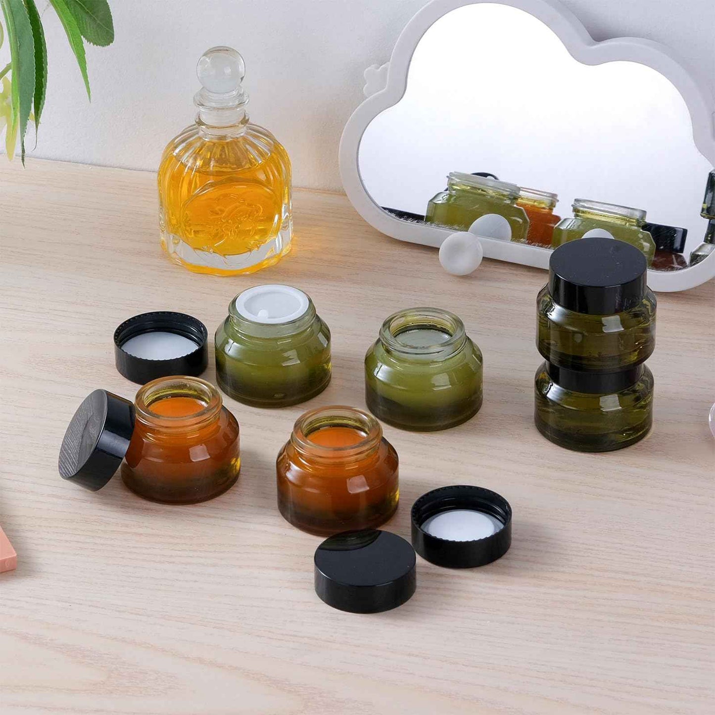 TkoYuHm 12 pack Glass Cosmetic Jars with Lids Small Lotion Containers for Traveling Green Empty Skincare Container for Face Cream Toiletries Makeup (1oz)