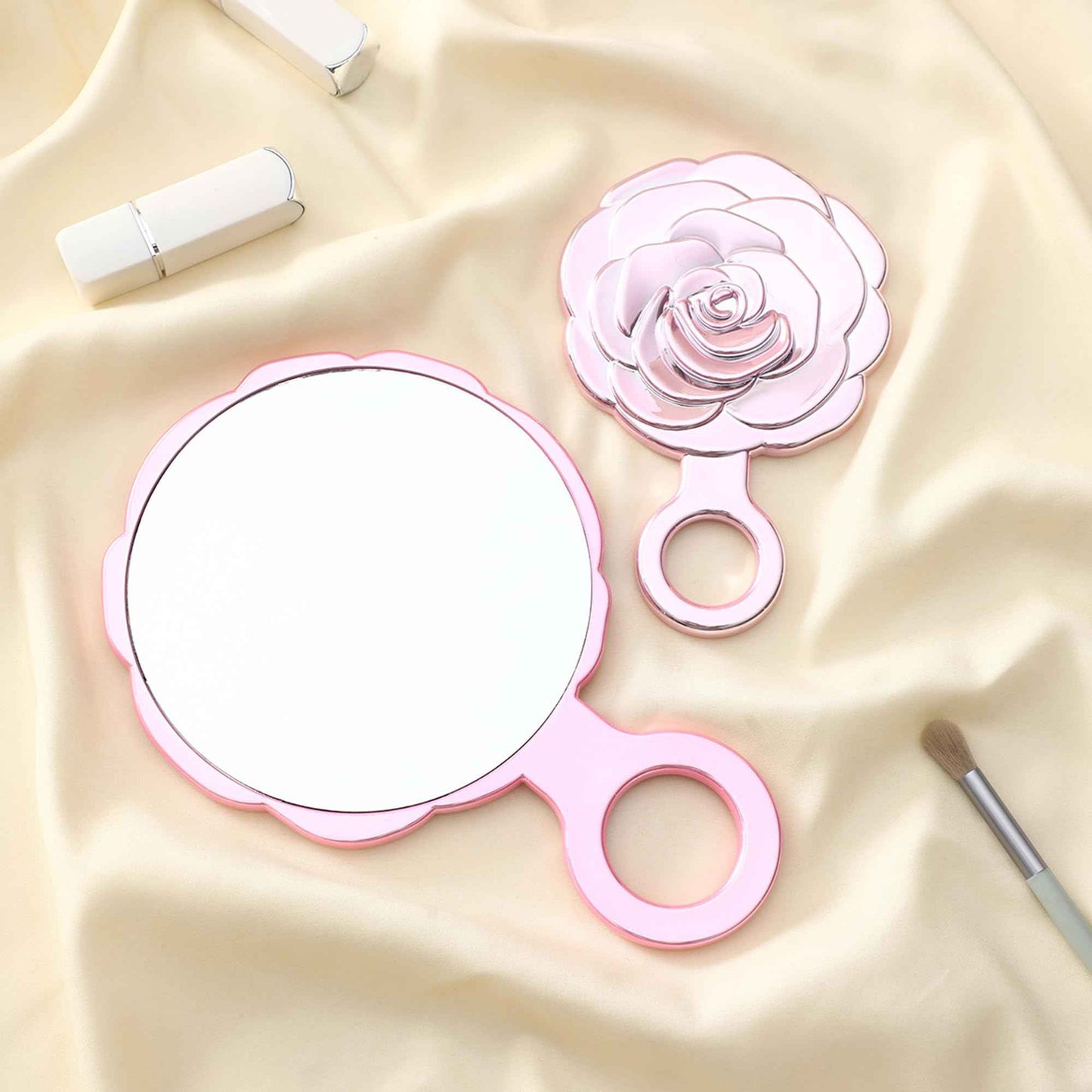 Funerom Round Rosebud Small Hand Mirror Handheld Mirror with Handle Large Hand Mirror (Electroplated Pink, 9.1 x 6 inch)