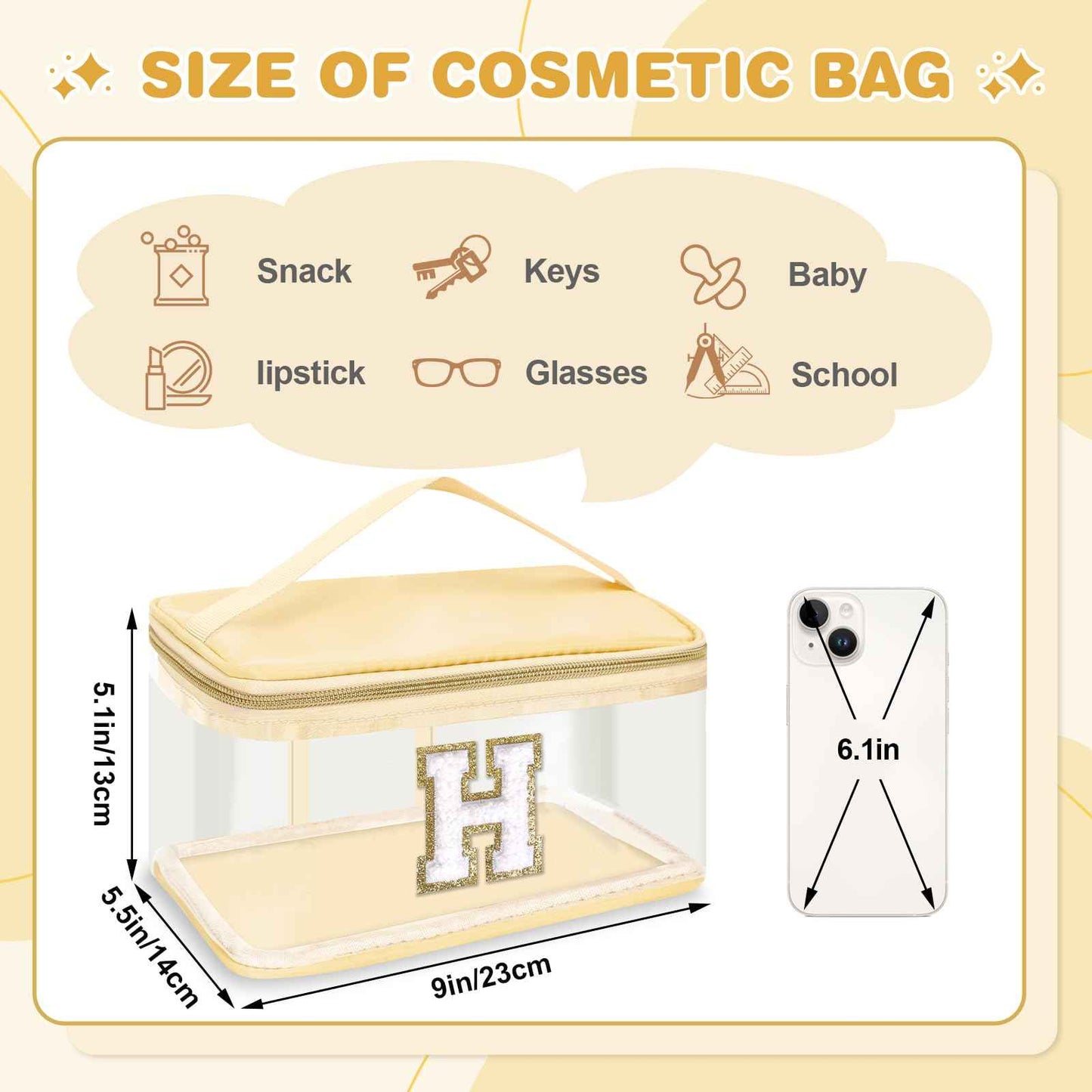 UIXIZQ Personalized Initial Letter Patch Clear Makeup Bag,Cute Preppy Chenille Letter Travel Cosmetic Bag with Handle,Nylon Toiletry Bag Handbag,Large Make up Storage Zipper Pouch for Women,H