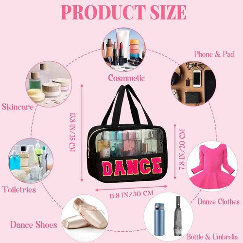 Kovewon Chenille Letter Bags for Dance Recital Gifts Clear Ballet Dance Makeup Bag with Handle and Zipper Waterproof Nylon Portable Toiletry Bag, Dance Competition Must Haves