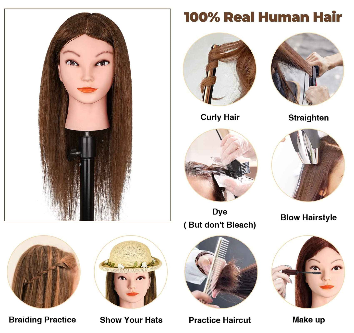 Mannequin Head with 100% Real Human Hair, Beauty Star Manikin Doll Head for Hair Styling, Cosmetology Hairdressing Training Practice Head with Clamp Stand and Braiding Accessories Kit (18" Dark Brown)