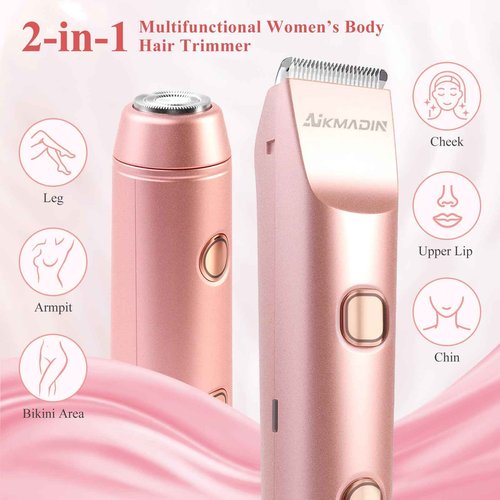 Bikini Trimmer for Women, 2-in-1 Electric Razor & Shaver with IPX7 Waterproof, Low-Noise Painless Design, Wet & Dry Hair Remover for Face, Body & Intimate Areas, 60 Mins Cordless Runtime