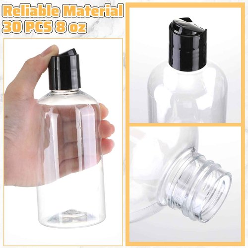 Irenare 30 Pieces 8 oz Travel Bottles with Black Disc Cap Refillable Clear Plastic Squeeze Empty Bottles Shampoo Travel Container for Body Wash Cream Lotion Conditioner Liquid Body Soap