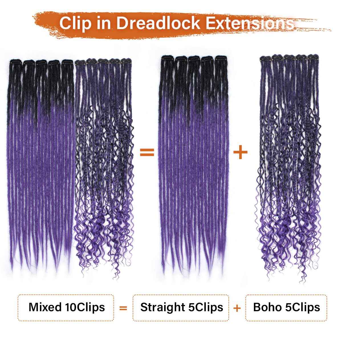 Sangtok 10 PCS Mixed Clip in Dreadlock Extensions, 24 inch Synthetic Dreads Extensions, Thin Straight Dreadlock for Women, 1b-purple