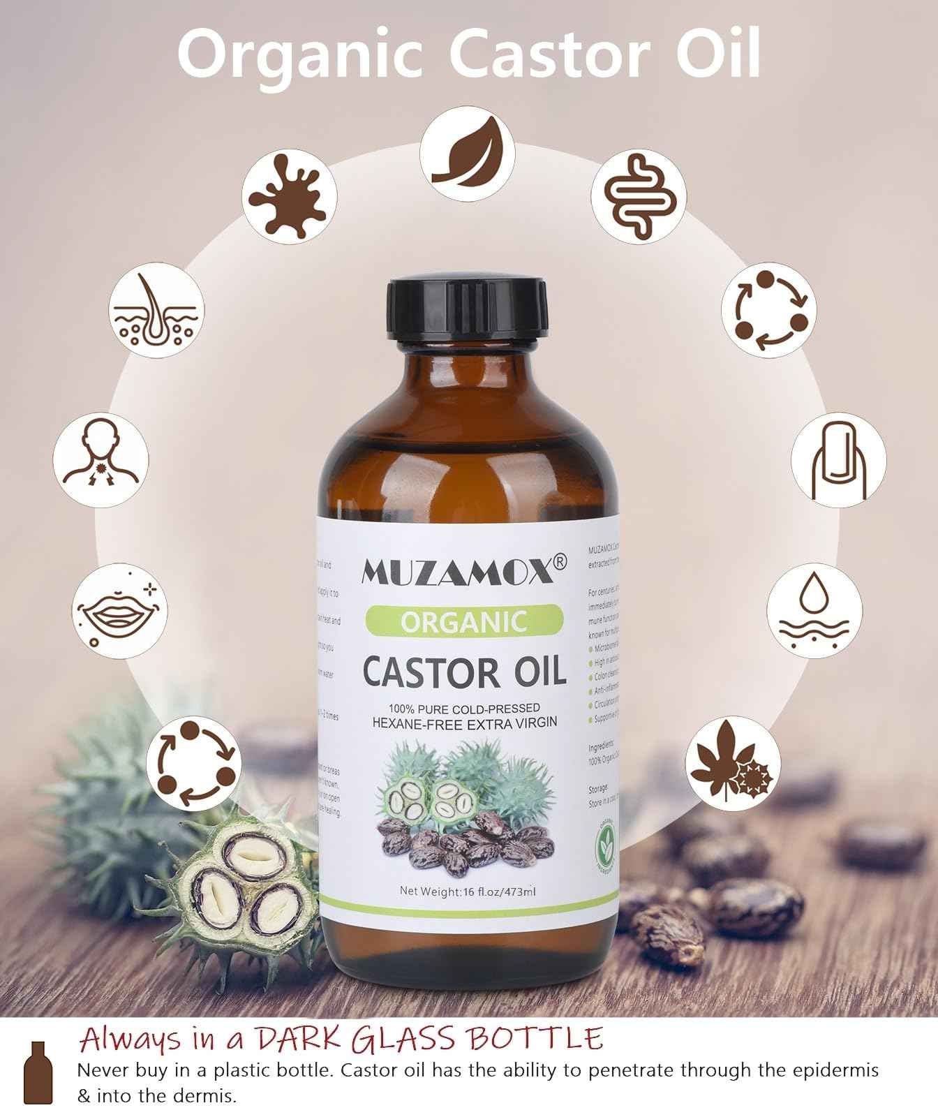 Castor Oil Organic Cold Pressed Unrefined Glass Bottle, 100% Pure and Hexane Free, Ideal for Castor Oil Pack, Skin Care, and Hair Growth, 16 Fl Oz