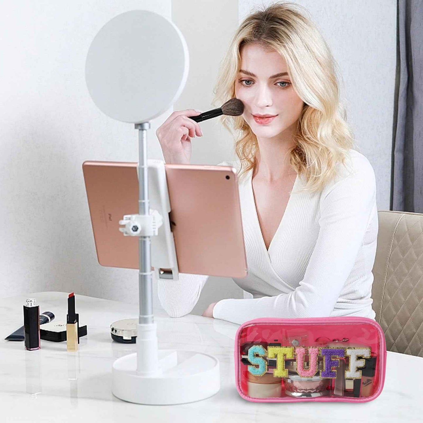 Swim Chenille Letter Makeup Bag,Waterproof Cute Women Clear Cosmetic Bags Sunscreen Organizer for Beach Pool Swimming Team Swimmers,Travel Toiletry SPF Zipper Pouches for Teen Girls (PINK-SWIM)