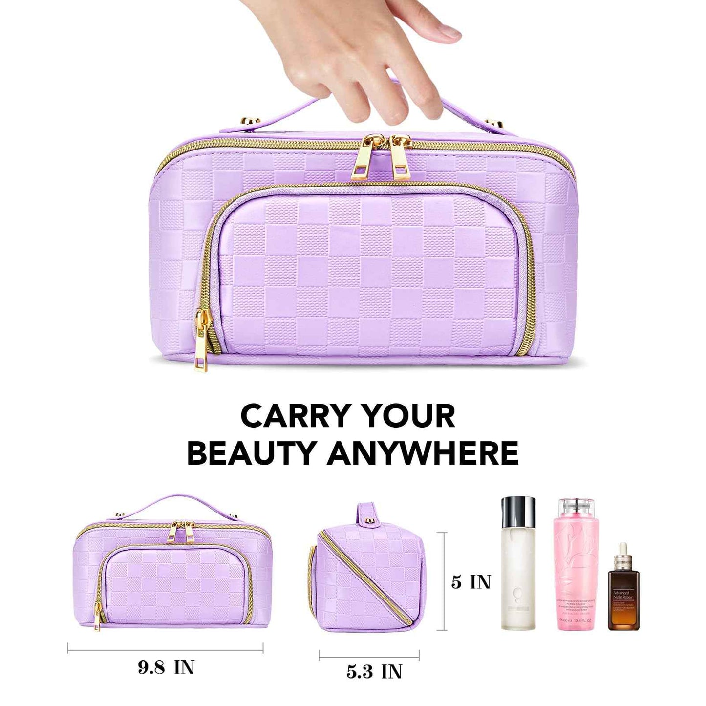 Travel Makeup Bag for Women, Large Capacity PU Leather Waterproof Checkered Cosmetic Bags, Portable Pouch Open Flat Toiletry Bag, Make up Organizer with Divider and Handle, Purple