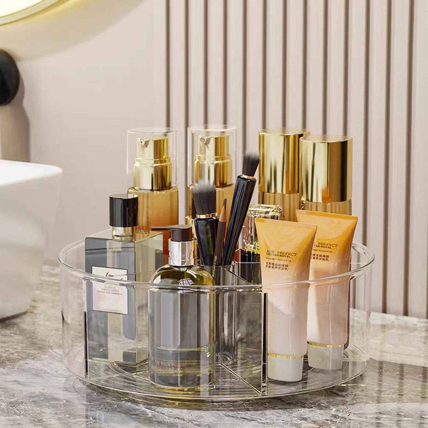 360° Rotating Makeup Organizer 11.5" Clear Turntable Lazy Susan Organizer for Vanity, Bathroom Counter, Pantry, Cabinet, Spinning Cosmetic Storage Holder with 5 Dividers for Skincare, Makeup Brushes