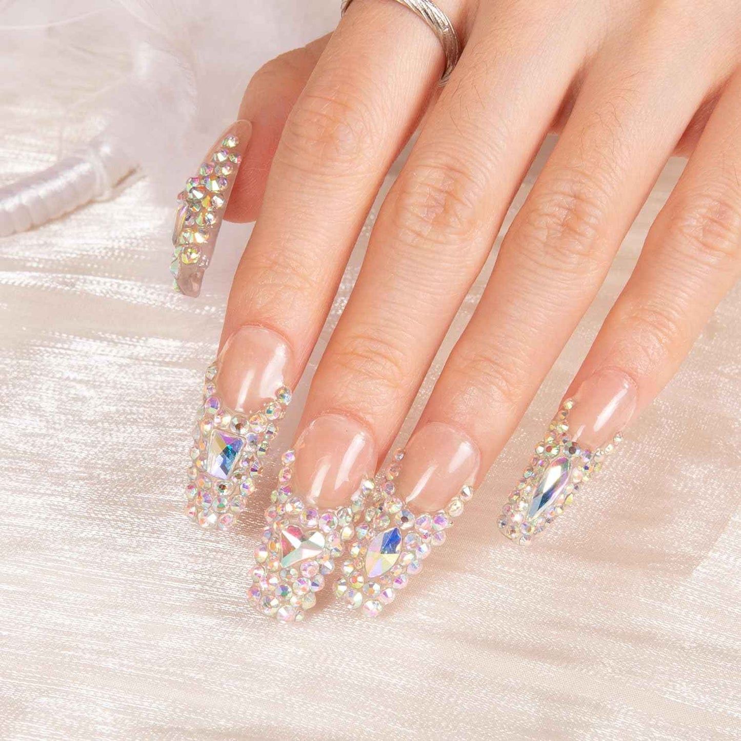 LOVFUL Press on Nails Angel's Tear Rhinestone | Handmade with Full Covered Crystals | Reusable Full Cover Nails | Coffin Classic Regular 1.3 in | H48-M