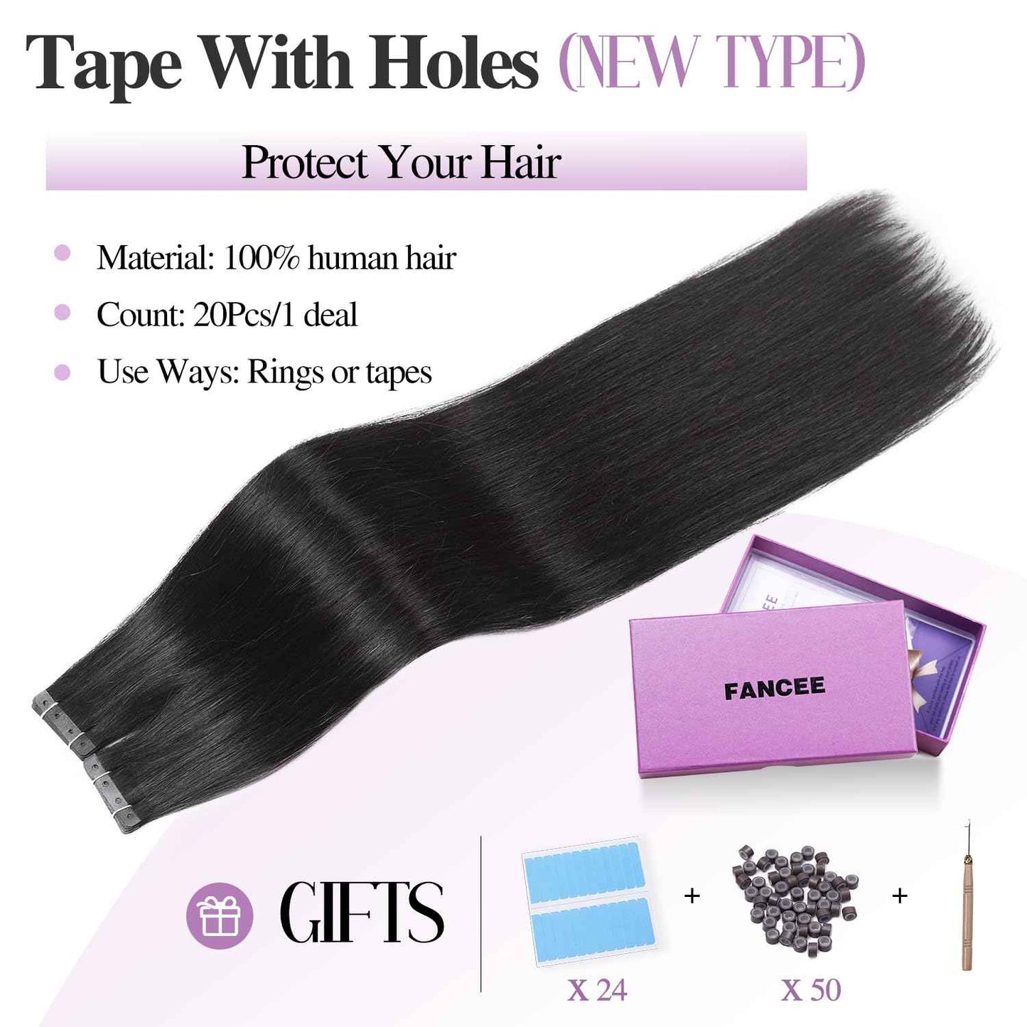 FANCEE No Glue Human Hair Extensions - Jet Black Tape-in With Holes, Glueless Invisible Seamless Skin Weft for Women (40g 20Pcs, 14 Inch)