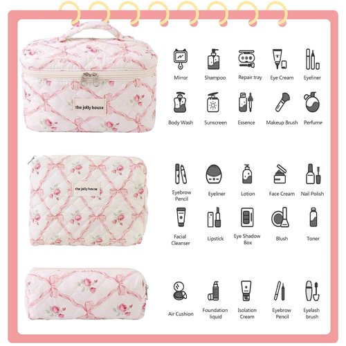 3PCS Cotton Quilted Floral Makeup Bag Set for Women Girls, Cute Make Up Bags with Brush Pockets, Large Wide-Open Toiletry Pouch Gifts for Toiletries Accessories Travelling Essentials