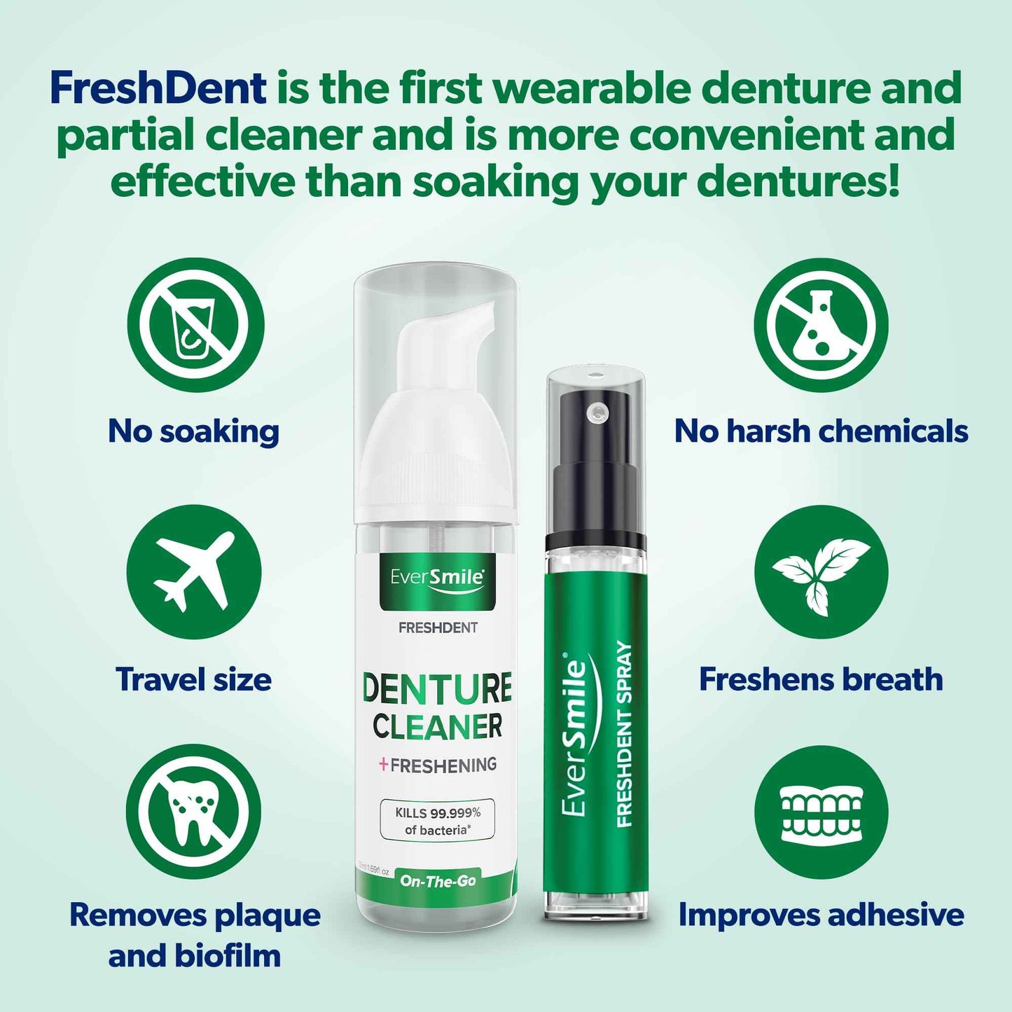 EverSmile FreshDent Denture and Partial Denture Cleaner + Teeth Whitening Spray and Foam– Travel Size Alternative to Cleaning Tablets That Eliminates Bacteria and Fights Bad Breath – 50ml + 10ml (2pk)