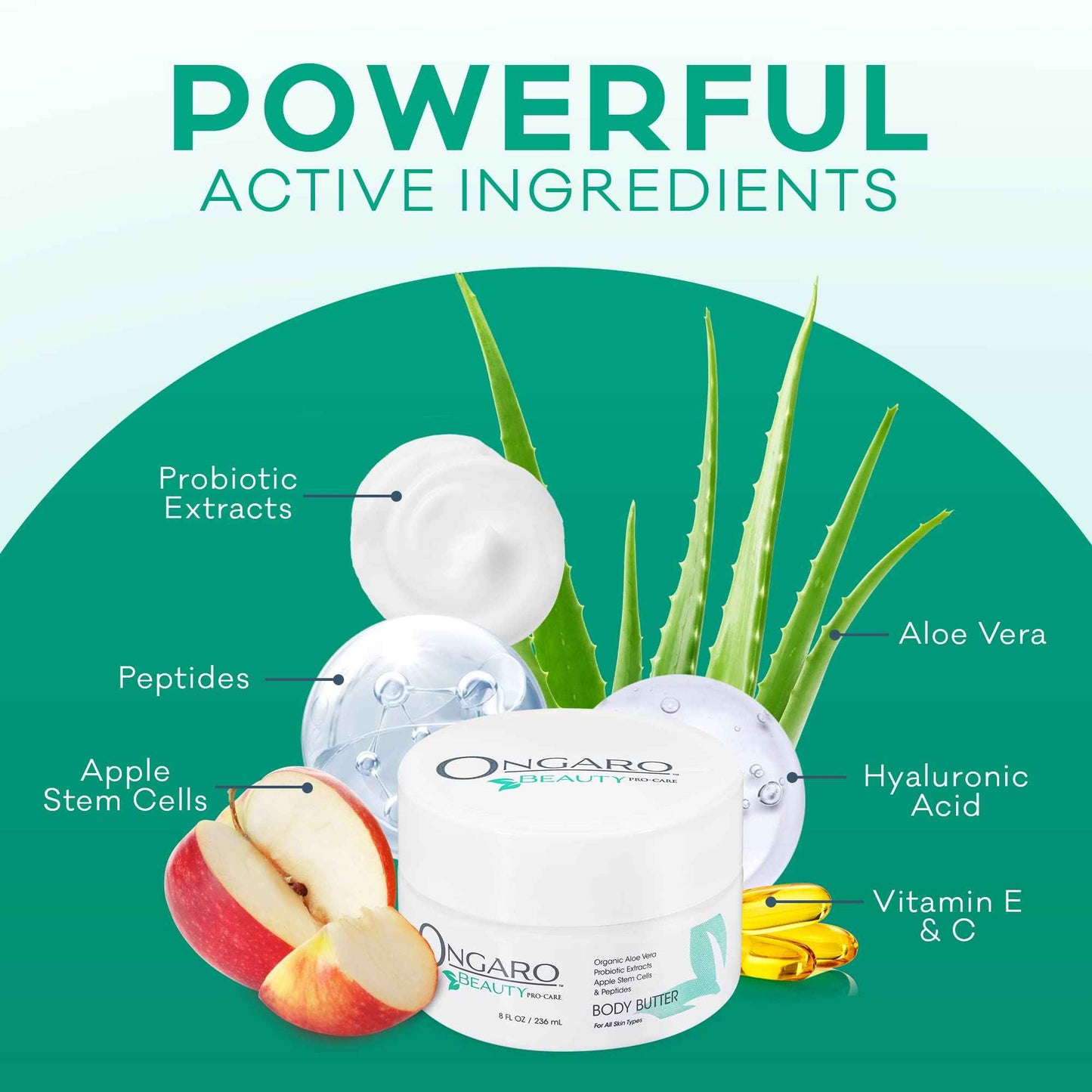 Ongaro Beauty - Whipped Body Butter Cream, Organic Shea Butter for Women with Aloe Vera, Plant Stem Cells, Peptides, Hyaluronic Acid, Probiotics, Vitamin C & E, Body Care for Women - 8 Fl Oz