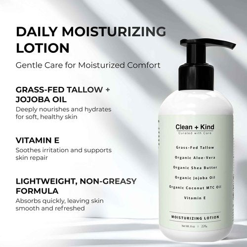 Clean + Kind Daily Moisturizing Lotion – Tallow Body Lotion with Aloe Vera, Shea Butter, Jojoba Oil, MCT Oil & Vitamin E – Deep Hydration for Dry, Rough, Sensitive Skin (8 oz, Vanilla)