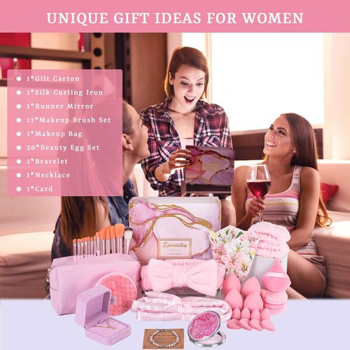 40PCS Trendy Stuff Gifts Set for Teen Girls -Makeup Brushes Set + Blending Sponges + Silk Heatless Curling Set + Jewelry Set & Skincare Headbands | Birthday Gift for Daughter, Niece, Her (Pink)