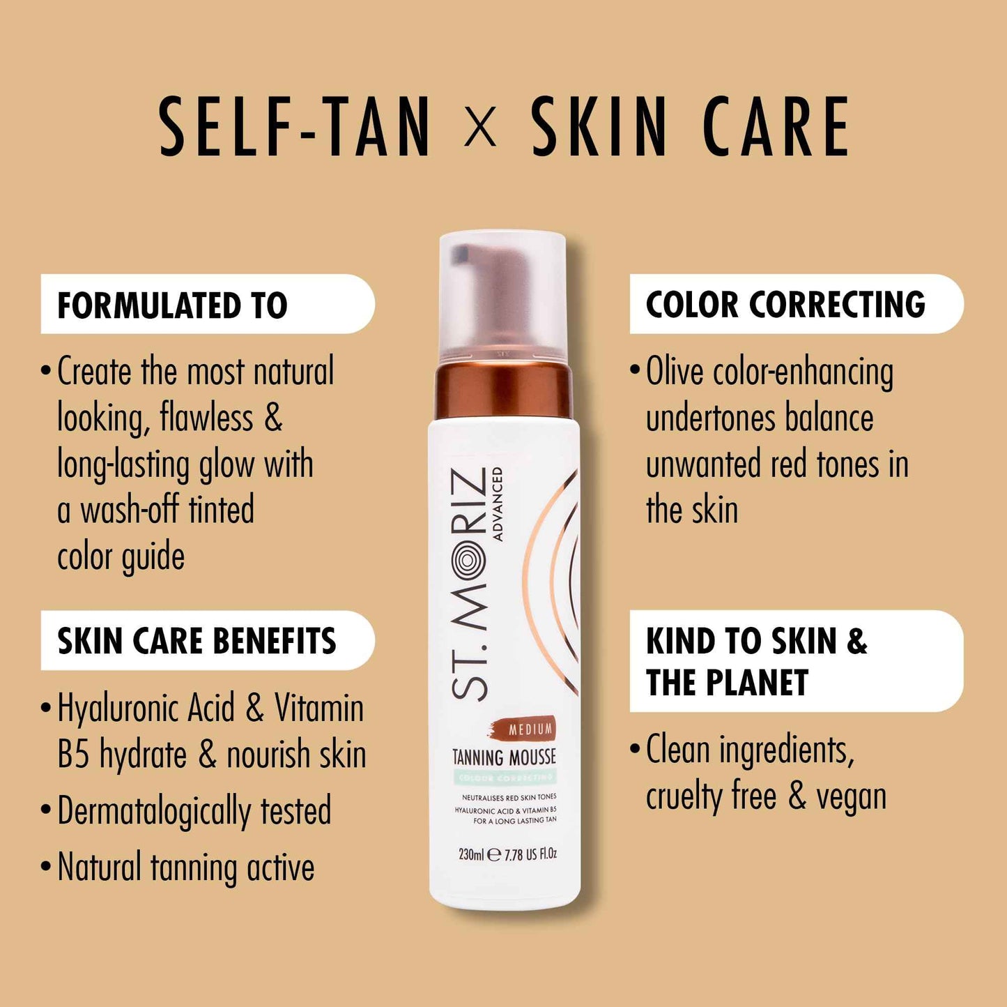 St Moriz Advanced Colour Correcting Tanning Mousse in Medium | With Hyaluronic Acid, Vitamin B5 & Advanced Skin Care Benefits | Neutralises Red Tones | Fast-Drying Vegan Fake Tan Mousse | 200ml