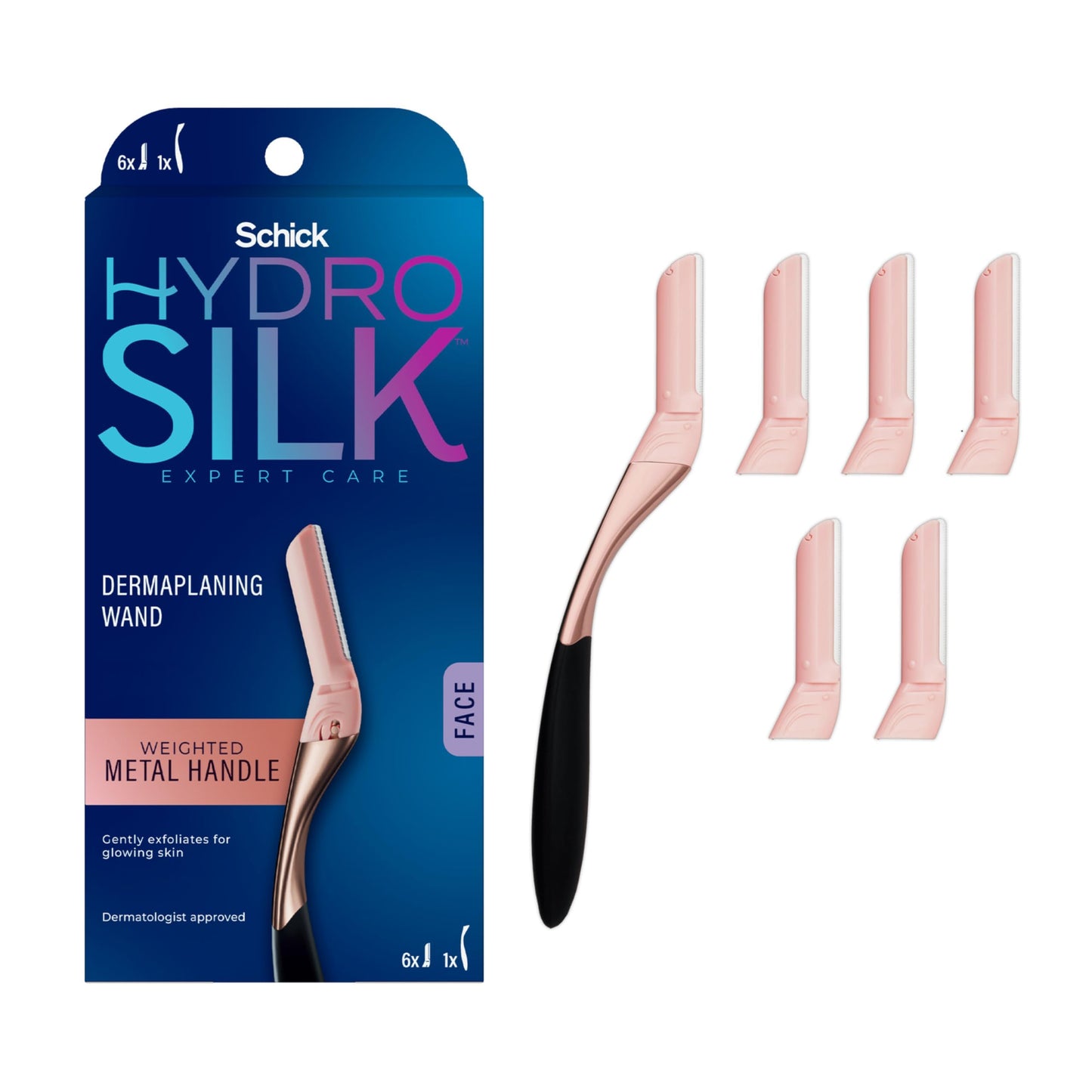 Schick Hydro Silk Dermaplaning Wand with 6 Blades and Hydro Silk Moisturizing Razor Blade Refills for Women with Shower Hanger, 6 Count