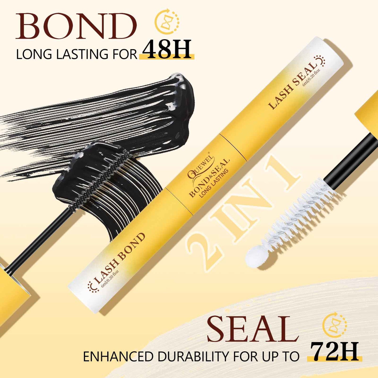 QUEWEL Lash Bond and Seal Lash Glue for Eyelash Clusters,12ml Super Strong Hold Lash Cluster Glue Bond and Seal Waterproof for DIY Lash Extensions Easy to Use at Home (6ml Black Bond+6ml Clear Seal)