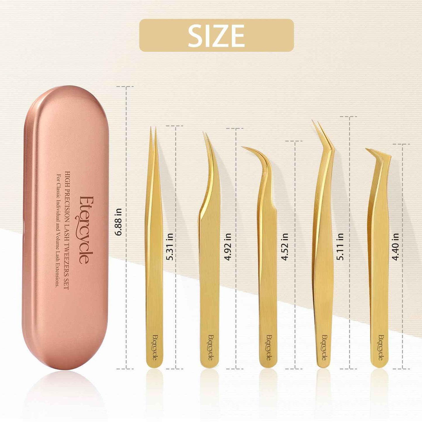 Etercycle High Precision Lash Tweezers Set - Includes 5 Stainless Steel Eyelash Tweezers for Classic Individual and Volume Lash Extensions. Complete with Storage Box