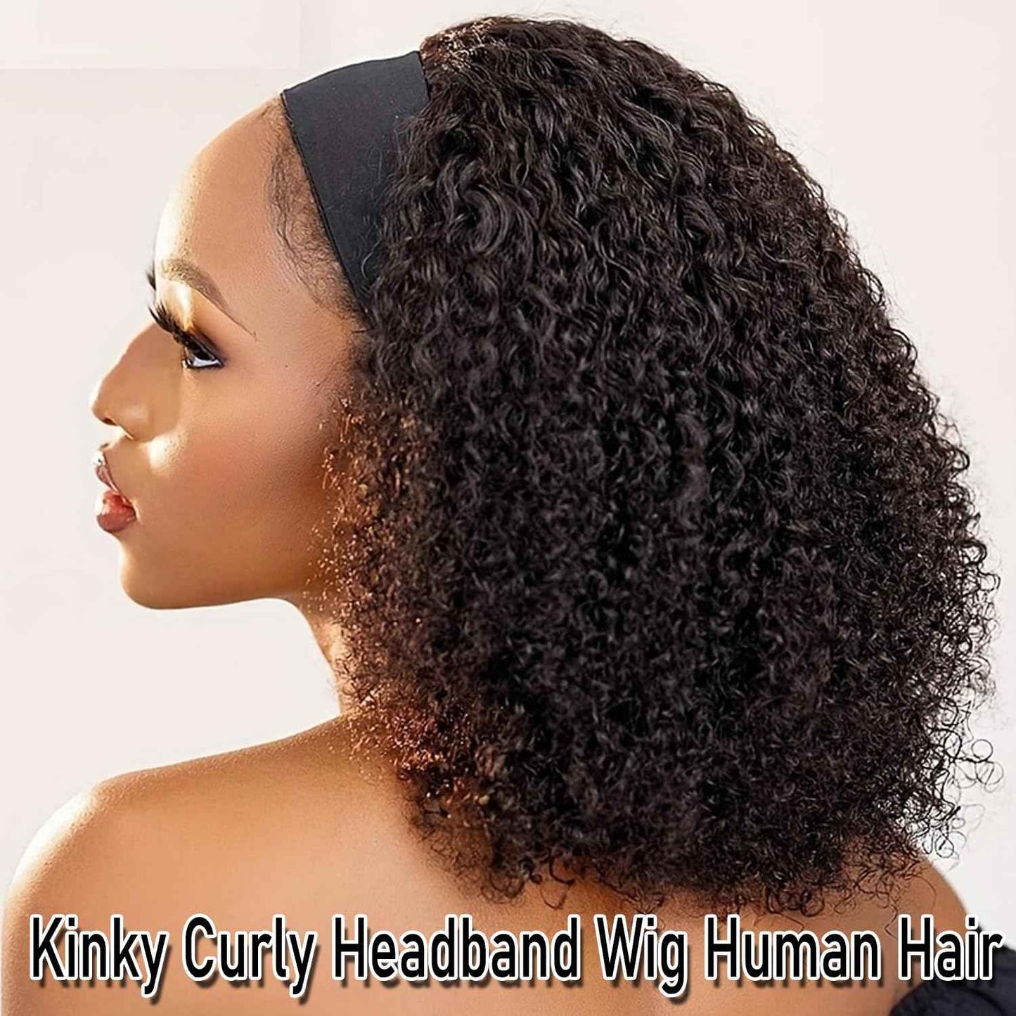 Coshgirl Headband Wig Human Hair Kinky Curly for Black Women Curly Headband Wig Human Hair Machine Made Glueless None Lace Front Wigs Brazilian Virgin Wig Natural Color 150% Density 12Inch