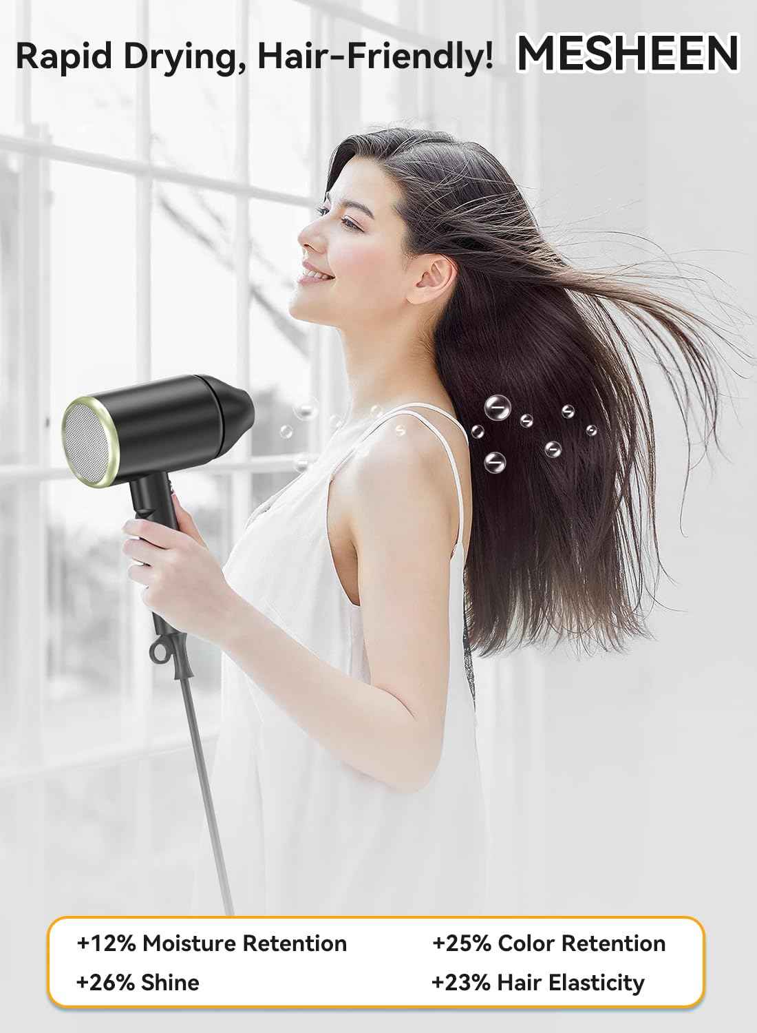 Hair Dryer, 150000RPM Ionic Blow Dryer - Fast Drying, Low Noise, Foldable Portable with Diffuser and Nozzle, Compact Mini for Women and Men, Home and Travel ๏ผBlack๏ผ