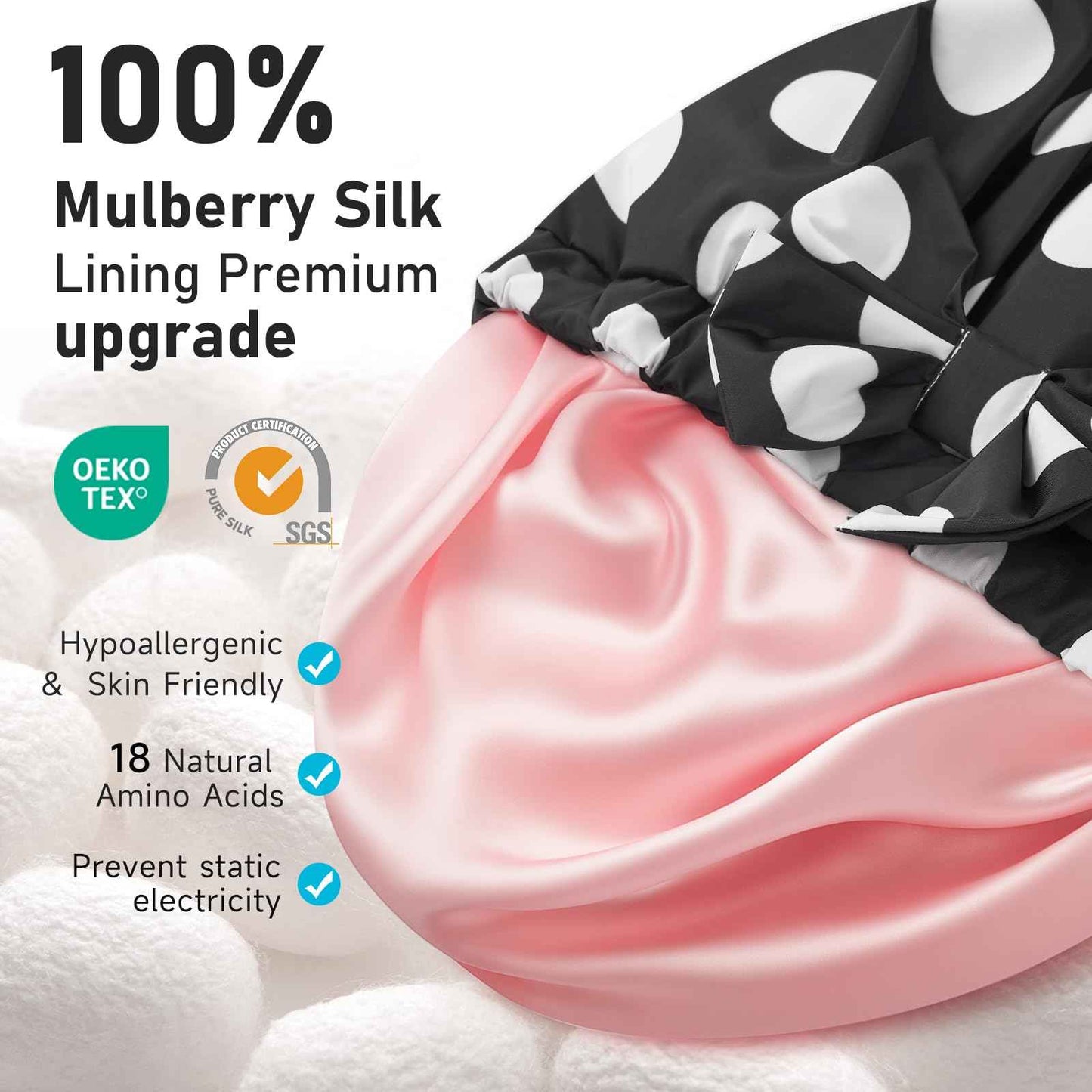 LitBear Luxury Silk Lined Shower Caps for Women Reusable Waterproof, Double Layered Large Bathing Hair Cap with Adjustable Elastic Strap, Non-slip, Quick-dry, for Long Short Hair, Black Dots