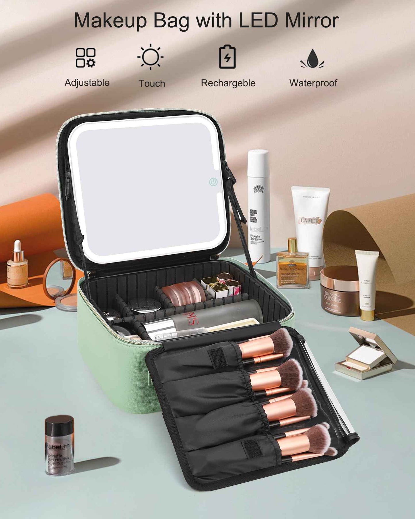 Relavel Makeup Bag With Light Up Mirror, Travel Cosmetic Case With Brush Organizer Storage Box, Rechargeable Vanity With 3 Color Lights, High Frame Protection (Green)