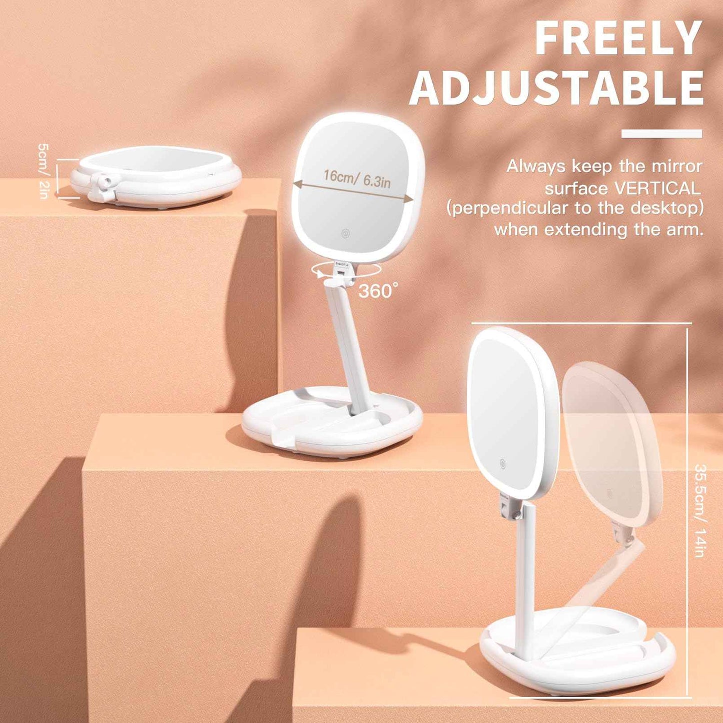 Beautifive 6.3'' Makeup Mirror with Magnification, 1X/8X Magnifying Vanity Mirror with 3 Light Modes, Rechargeable Double-Sided Lighted Desk Mirror, Adjustable Height with Stand Home Mirror for Women