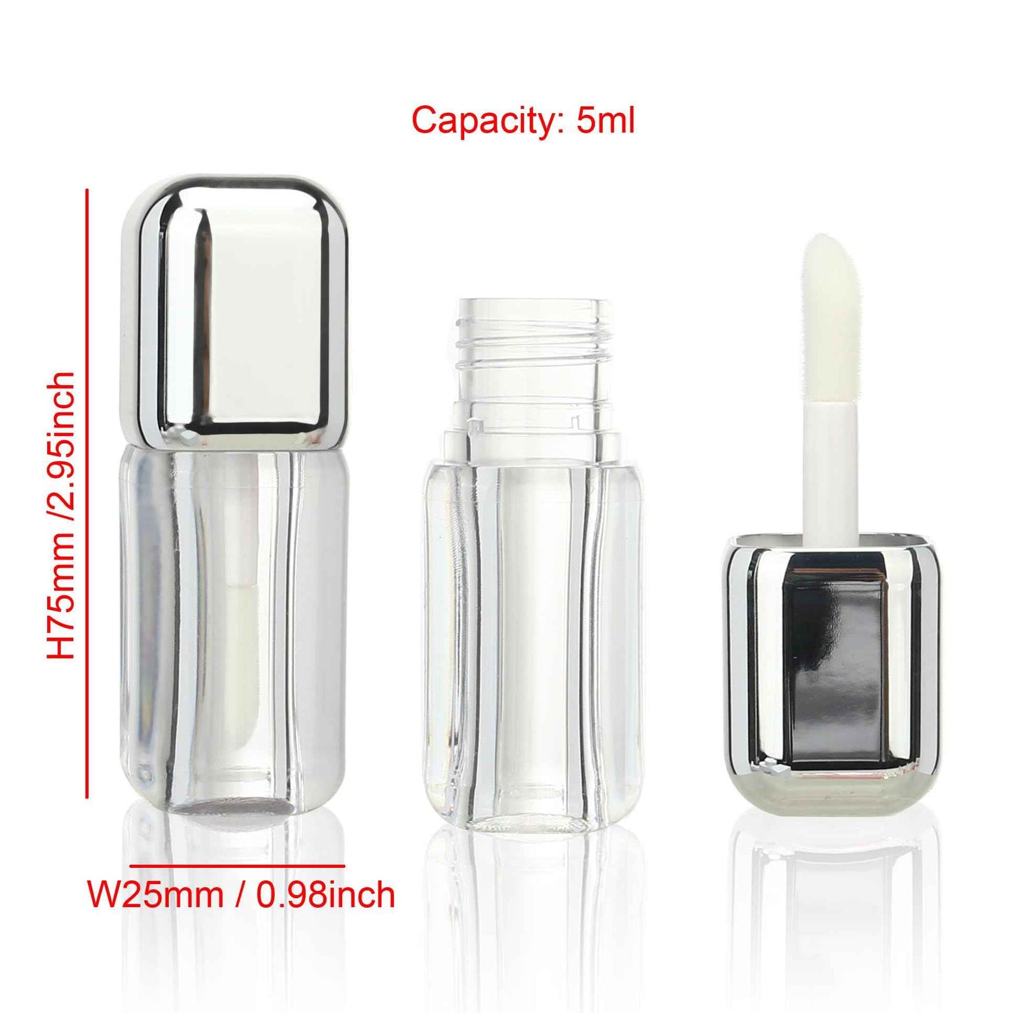 COSIDEA 16pcs Silver 5ml Square big wand lip gloss tubes for DIY lipgloss containers tubes with large doe foot applicator