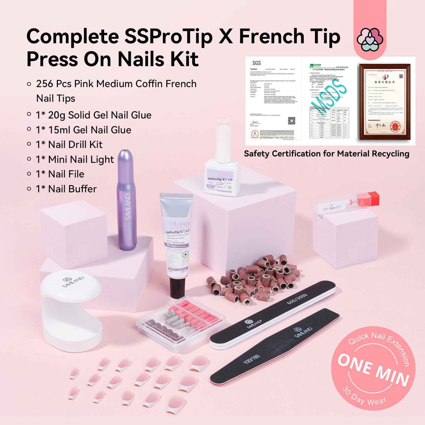 SAVILAND Gel Nail X Kit with Everything: 16 Sizes French Tips Press On Nail Kit with Drill Coffin Tips Soft Gel Fake Nails with Solid Glue Gels U V Lamp Gels Glue French Tip Tool Home